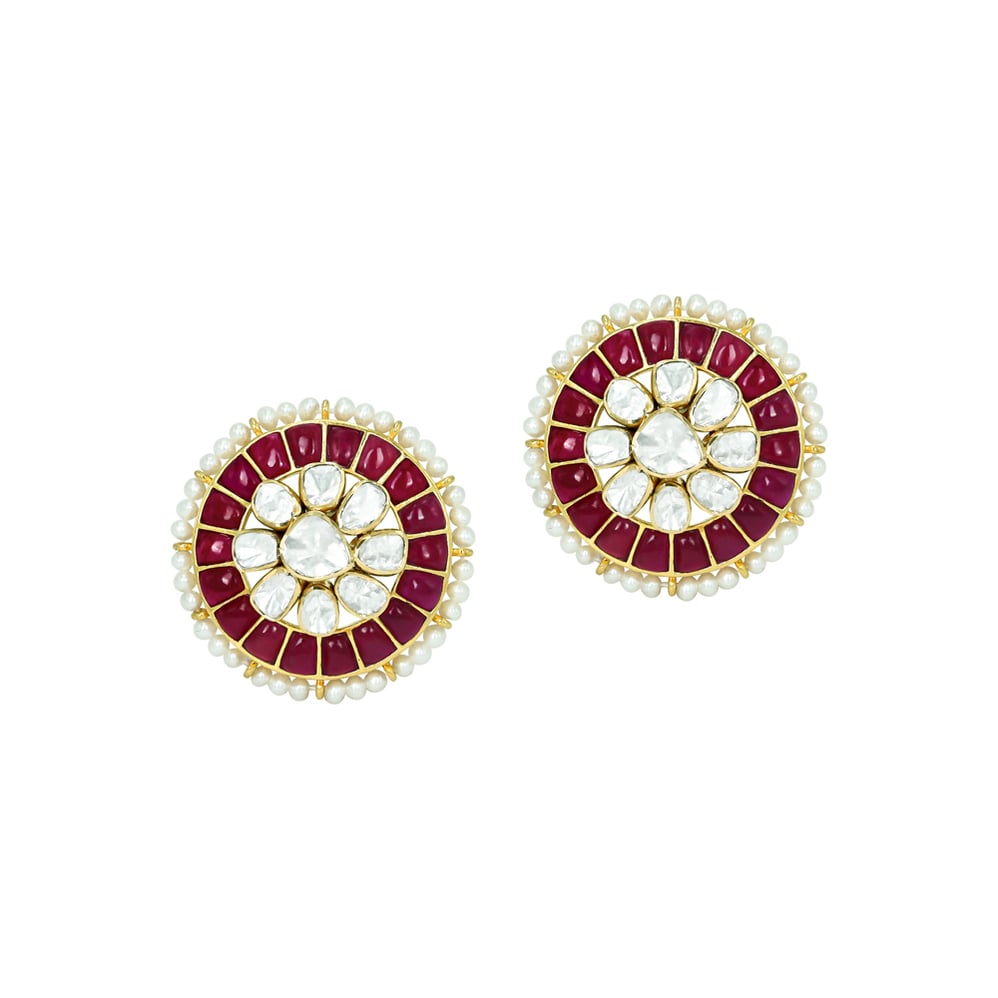 Ruby Coloured Talaf Studs with Polki Cluster and Pearl Detailing